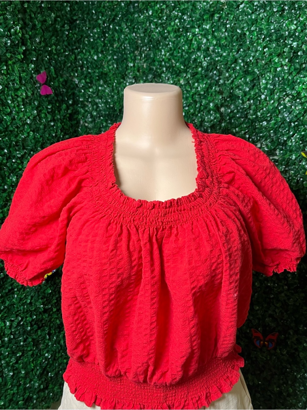 Old Navy Red Smocked Square-Neck Puff Sleeve Crop Top